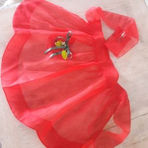 Vintage sexy red sheer organza holiday apron with ornaments kitschy Christmas